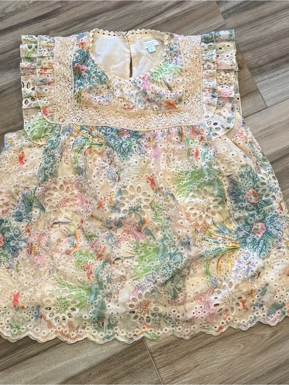 Jade Cream Eyelet Floral Dress with Pastel Accents